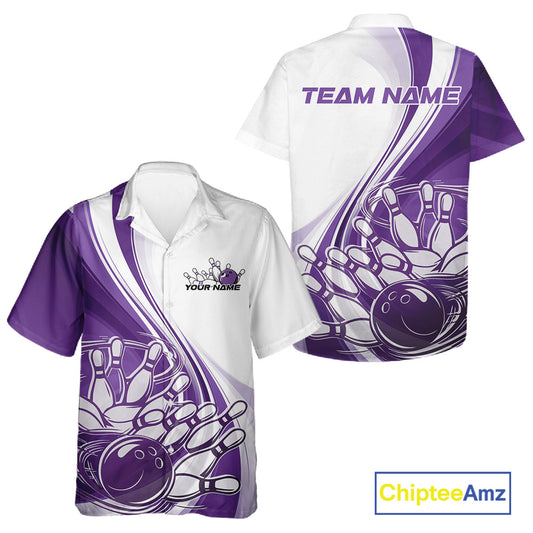 Front and back view of a button-up bowling shirt mockup in white and purple, featuring a dynamic sweeping curve bowling strike design with ball and pins.