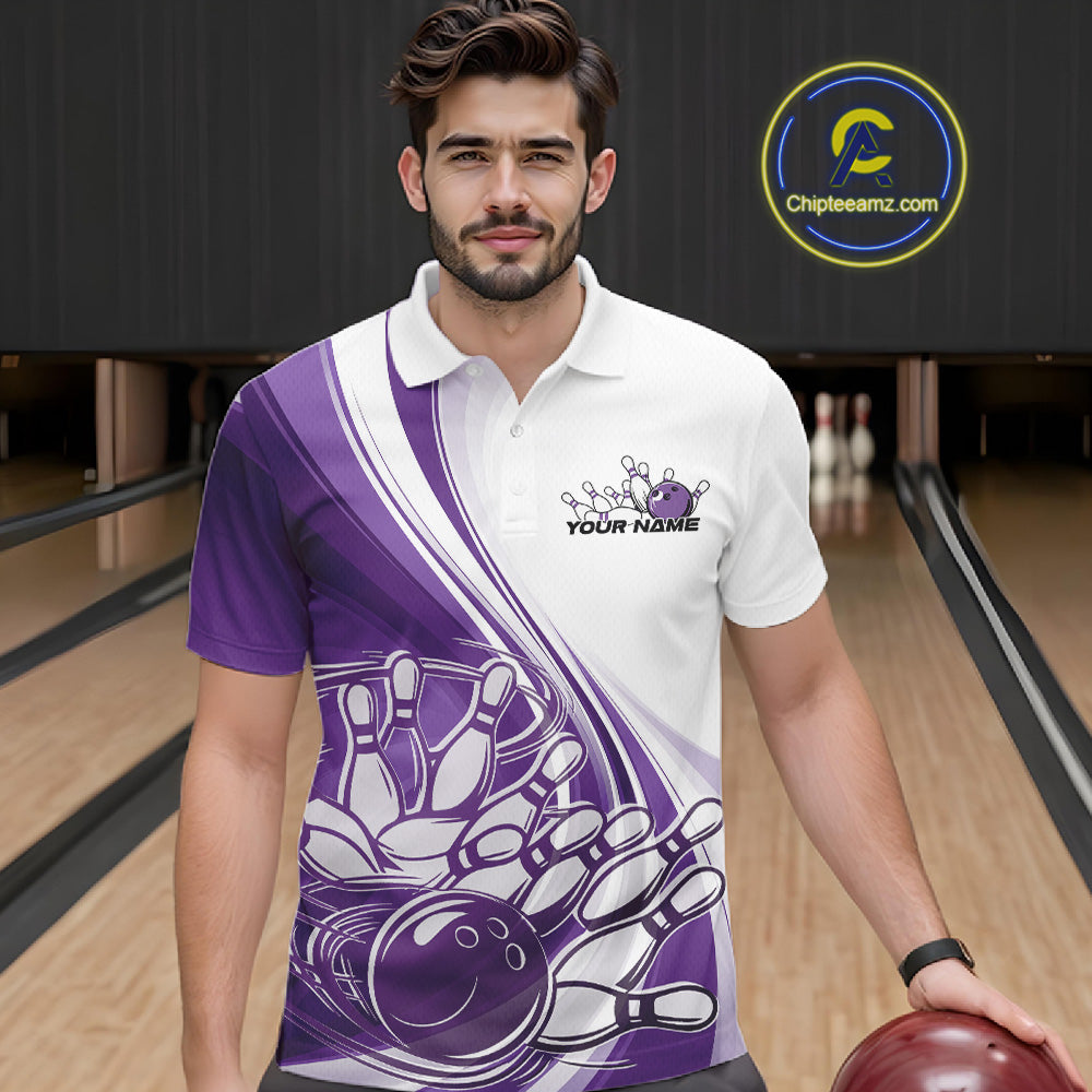 Male model in a bowling lane wearing a white and purple polo shirt with dynamic curved bowling strike graphic and motion accents.