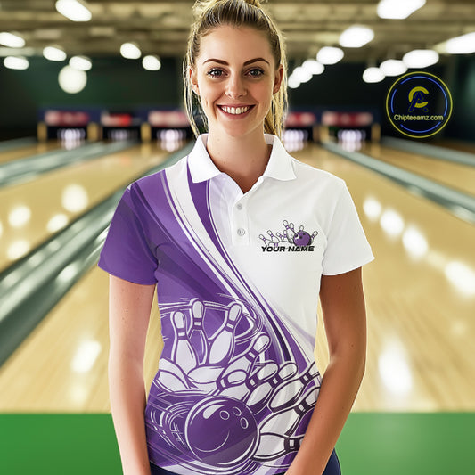 Female model in a bowling lane wearing a white and purple polo shirt with curved bowling ball hitting pins design and motion effects.