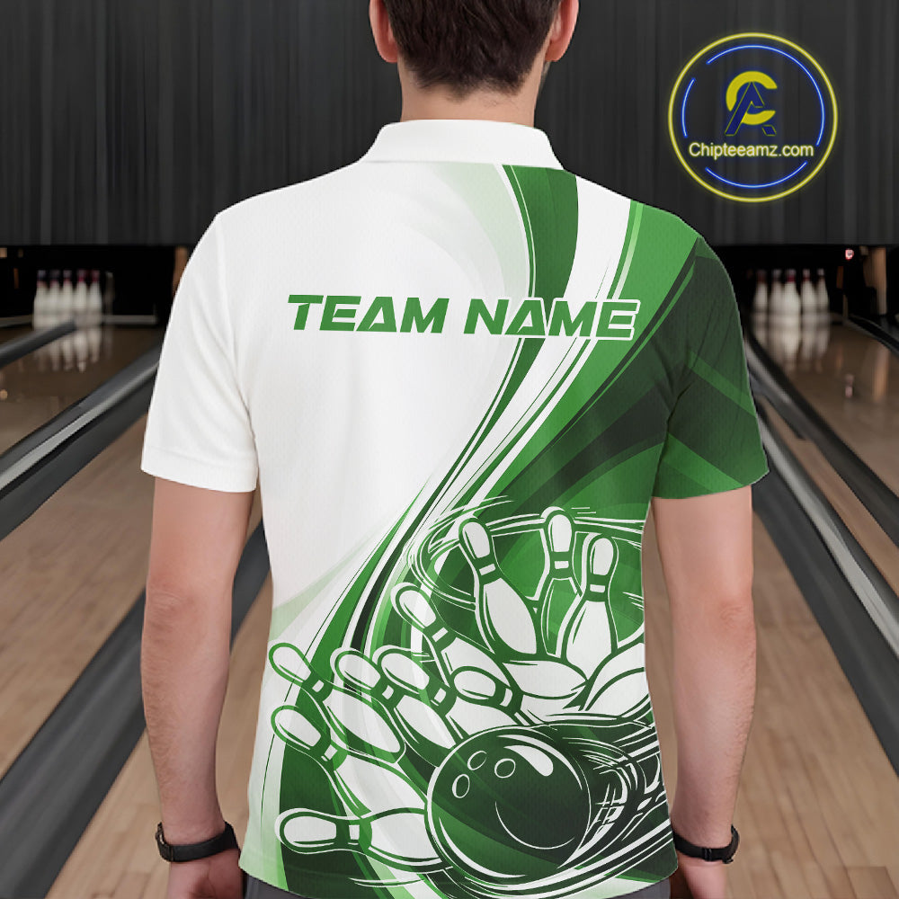 Back view of a male model in a bowling venue wearing a white and green polo shirt, showcasing sweeping motion bowling strike artwork.