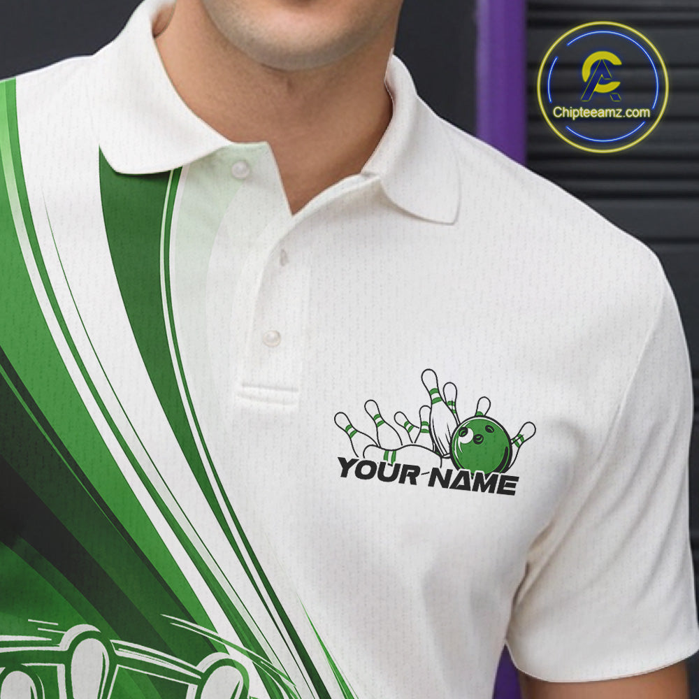 Close-up of the left chest area of a white and green bowling polo shirt, featuring a dynamic curved bowling strike design.