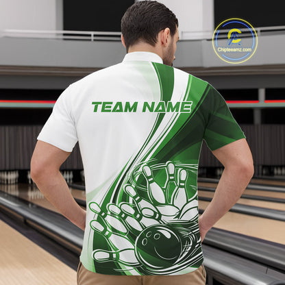 Male model at a bowling lane wearing a white and green quarter zip shirt, featuring a sweeping curve bowling strike illustration with pins being knocked down.