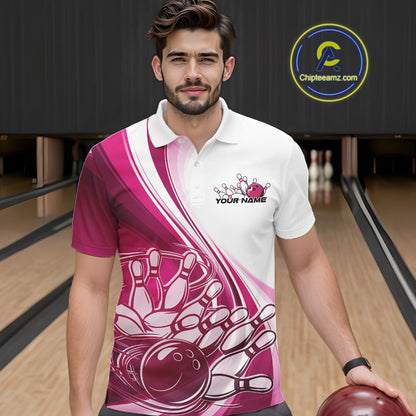 Male model in a bowling lane wearing a white and pink polo shirt, featuring a dynamic sweeping curve with a bowling ball crashing into pins.