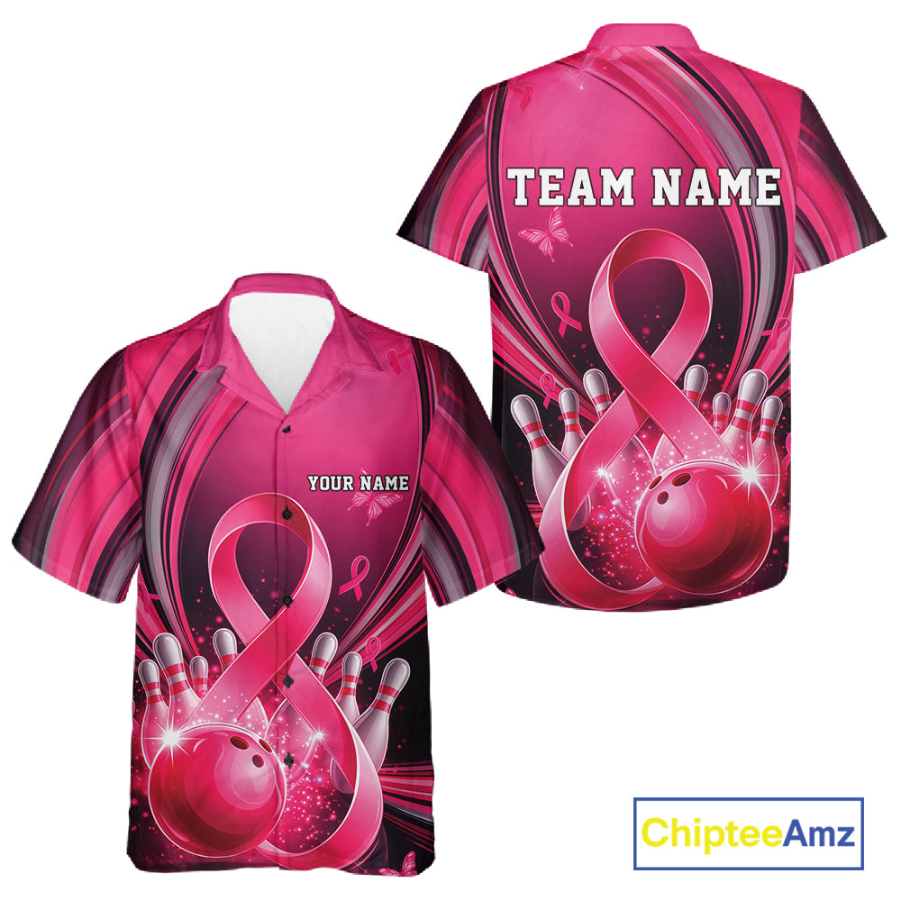 Front and back button-up bowling shirt mockup in pink and black with breast cancer awareness ribbons and bowling graphics