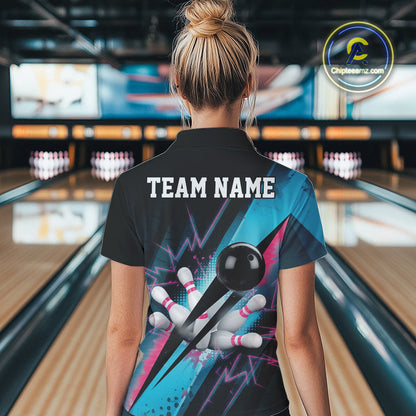 Custom Blue And Pink Synthwave Style Bowling Women Polo Shirt, Team Bowling League Shirt IPHW9514