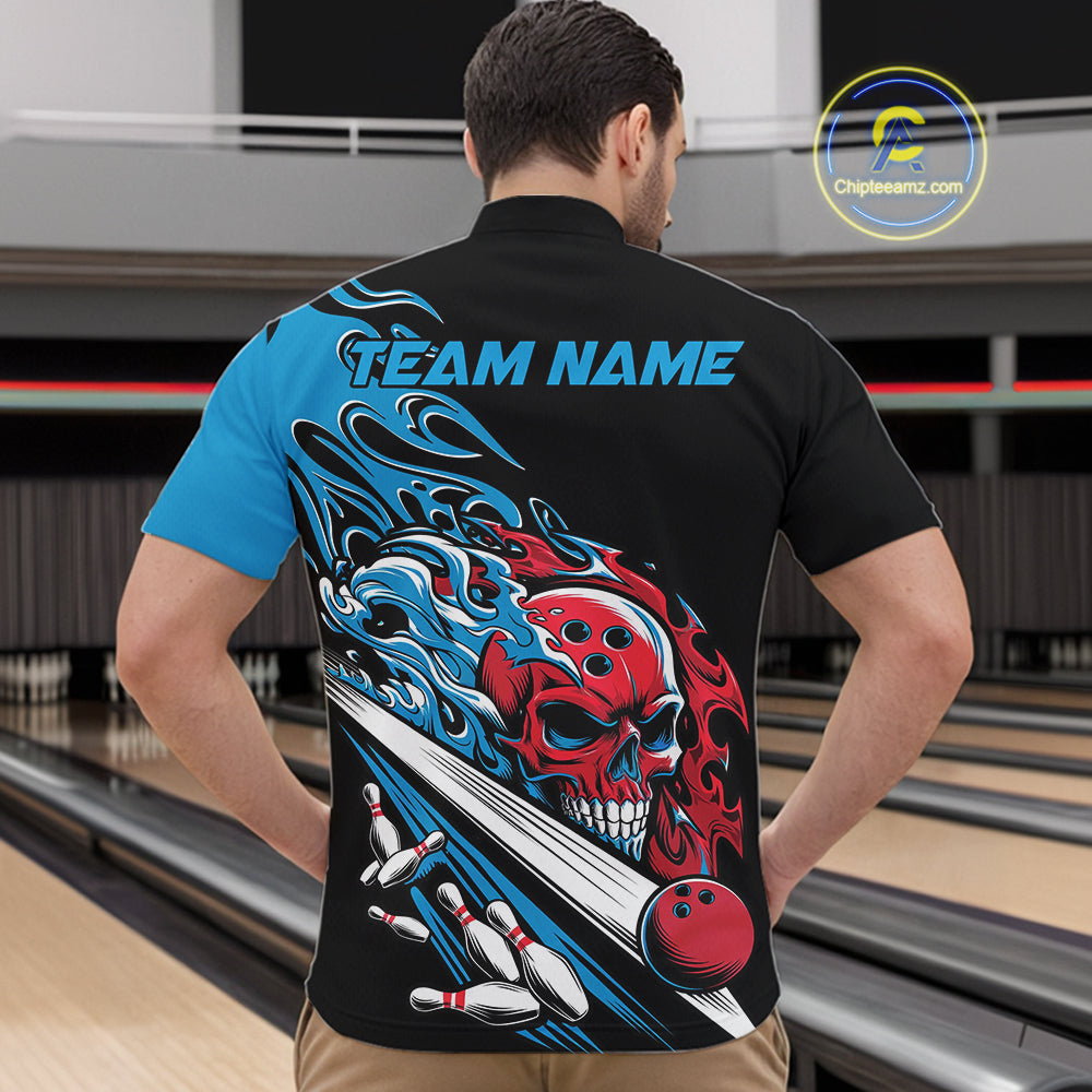Custom Blue And Red Flame Skull Bowling Quarter-Zip Shirt For Men, Halloween Bowling Jersey IPHW9888