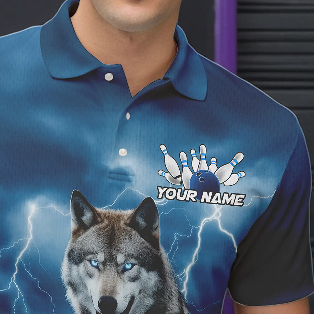 Blue Thunder Lightning Custom Wolf Bowling Polo Shirts For Men, Wolf Bowling Team Shirt IPHW8424
