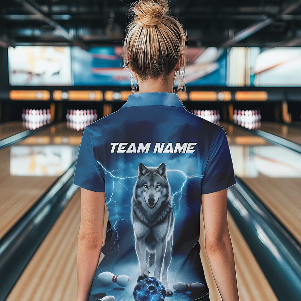 Blue Thunder Lightning Custom Wolf Bowling Polo Shirts For Women, Wolf Bowling Team Shirt IPHW8424
