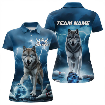 Blue Thunder Lightning Custom Wolf Bowling Polo Shirts For Women, Wolf Bowling Team Shirt IPHW8424