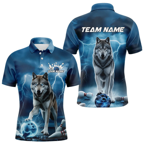 Blue Thunder Lightning Custom Wolf Bowling Polo Shirts For Men, Wolf Bowling Team Shirt IPHW8424