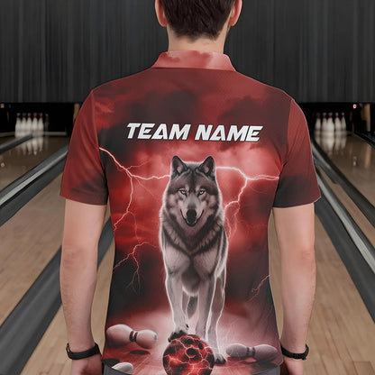 Red Thunder Lightning Custom Wolf Bowling Polo Shirts For Men, Wolf Bowling Team Shirt IPHW8425