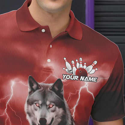Red Thunder Lightning Custom Wolf Bowling Polo Shirts For Men, Wolf Bowling Team Shirt IPHW8425