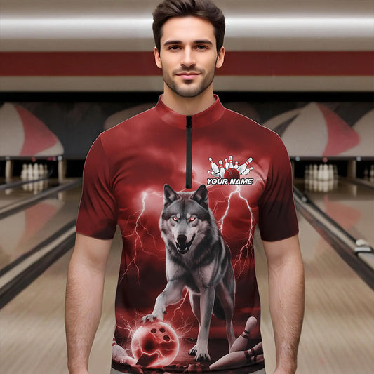 Red Thunder Lightning Custom Wolf Bowling Quarter-Zip Shirts For Men, Wolf Bowling Team Shirt IPHW8425