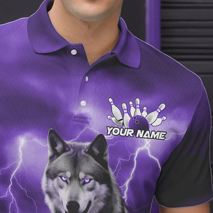 Purple Thunder Lightning Custom Wolf Bowling Polo Shirts For Men, Wolf Bowling Team Shirt IPHW8426