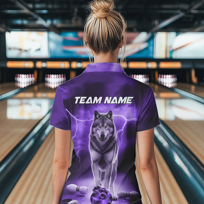 Purple Thunder Lightning Custom Wolf Bowling Polo Shirts For Women, Wolf Bowling Team Shirt IPHW8426