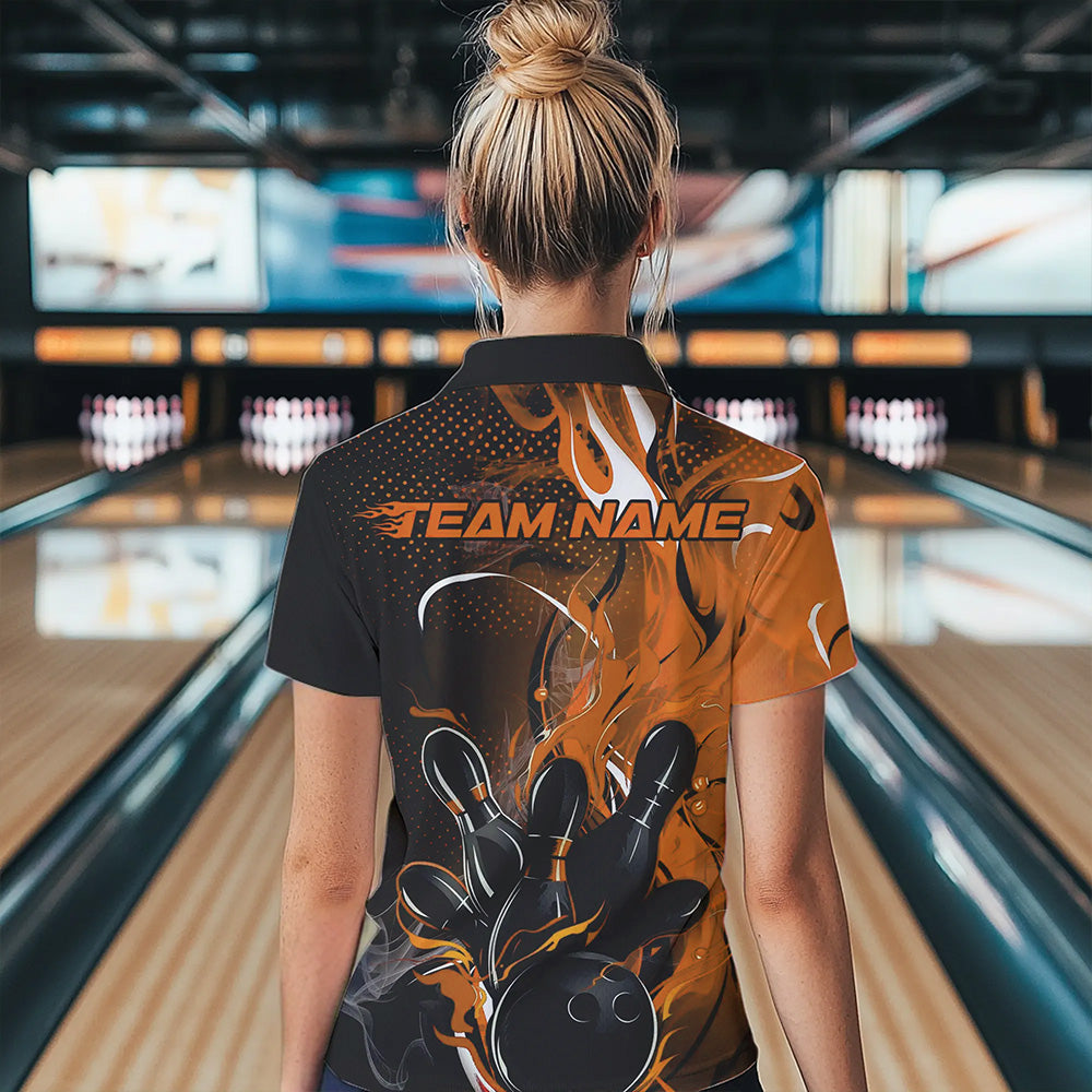Black And Orange Custom Flame Bowling Polo Shirts For Women, Fire Bowling League Team Shirt IPHW8631