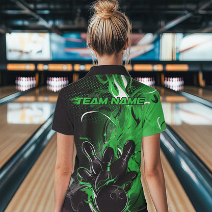 Black And Green Custom Flame Bowling Polo Shirts For Women, Fire Bowling League Team Shirt IPHW8632