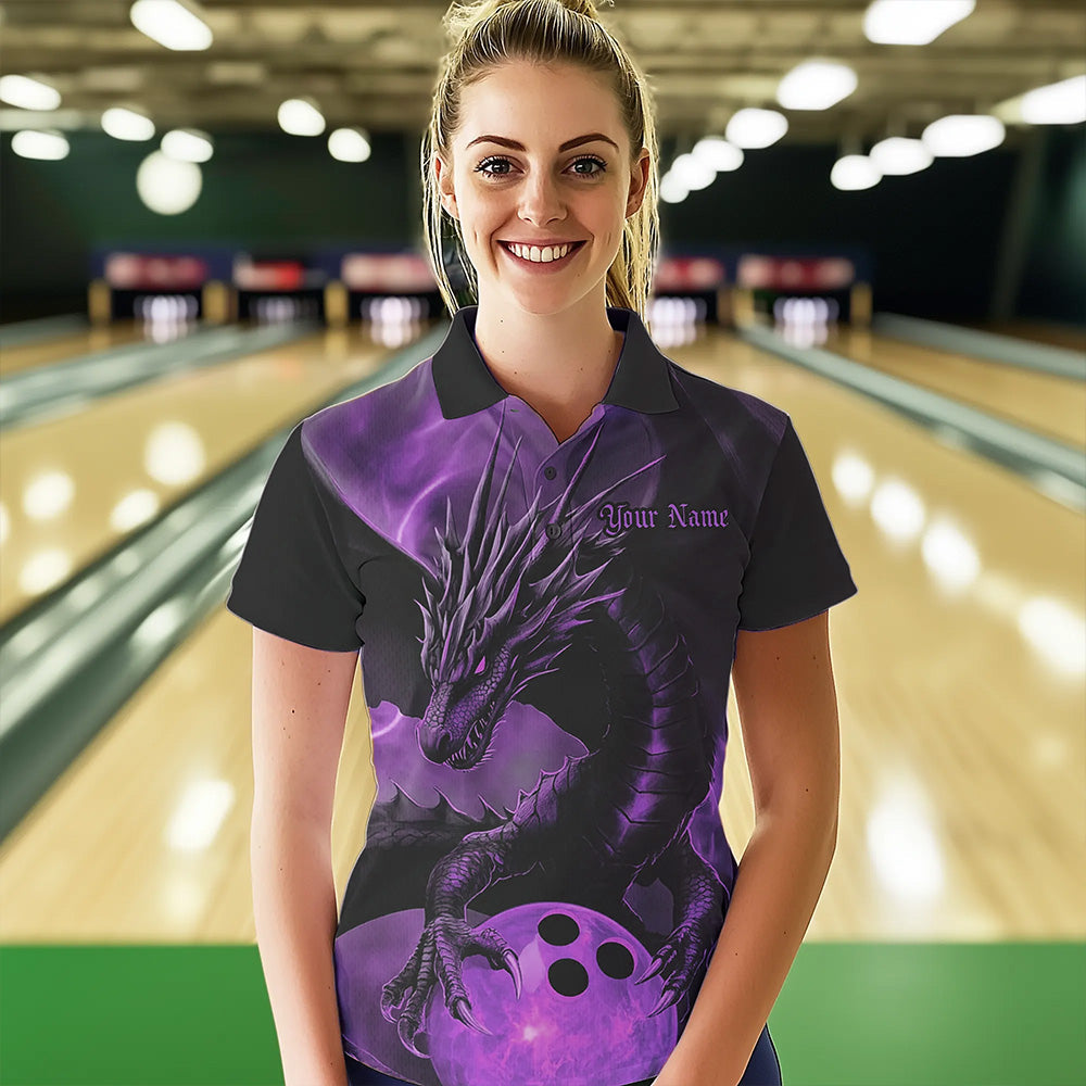 Black And Purple Custom Dragon Bowling Polo Shirts For Women, Dragon Bowling League Shirt IPHW8643