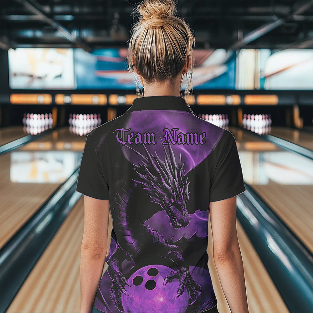 Black And Purple Custom Dragon Bowling Polo Shirts For Women, Dragon Bowling League Shirt IPHW8643