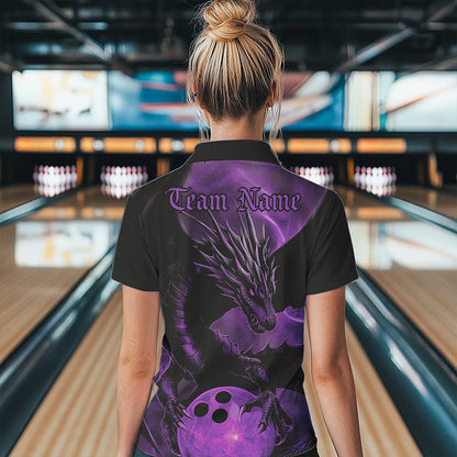 Black And Purple Custom Dragon Bowling Polo Shirts For Women, Dragon Bowling League Shirt IPHW8643