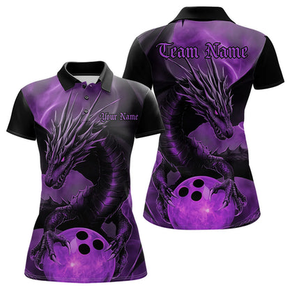 Black And Purple Custom Dragon Bowling Polo Shirts For Women, Dragon Bowling League Shirt IPHW8643