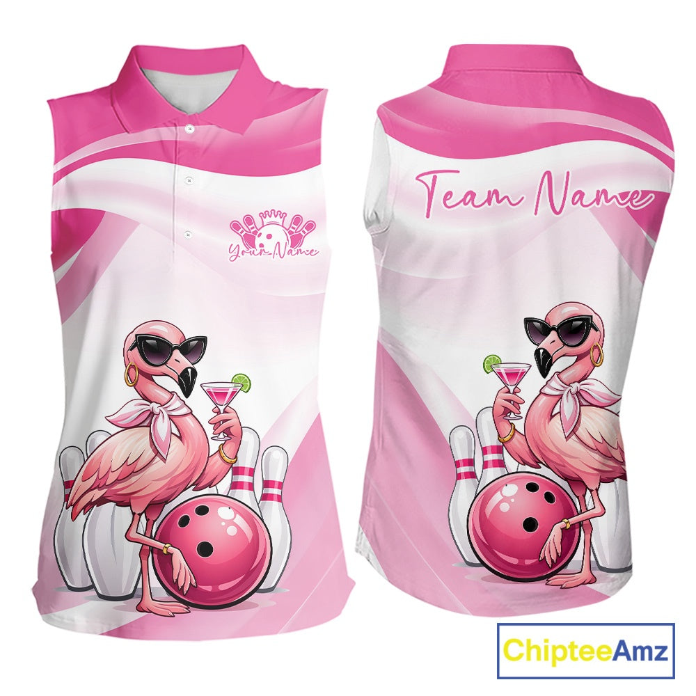 Front and back view of a pink women’s sleeveless bowling shirt featuring a stylish flamingo holding a cocktail next to a bowling ball.