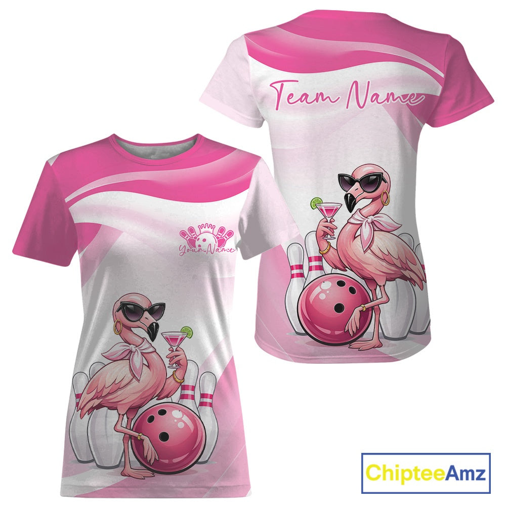 Pink women’s crewneck bowling T-shirt mockup displaying a stylish flamingo holding a cocktail next to a bowling ball in front and back view.