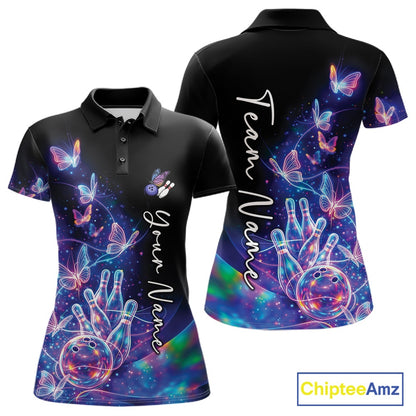 Front and back mockup of a womens black bowling polo with a starry galaxy background, glowing neon swirls, and hologram butterfly graphics