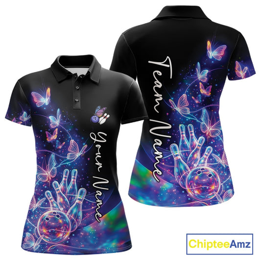 Front and back mockup of a womens black bowling polo with a starry galaxy background, glowing neon swirls, and hologram butterfly graphics