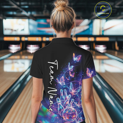 Female model in a black bowling quarter zip with starry galaxy artwork, neon swirls, and hologram butterflies, back view