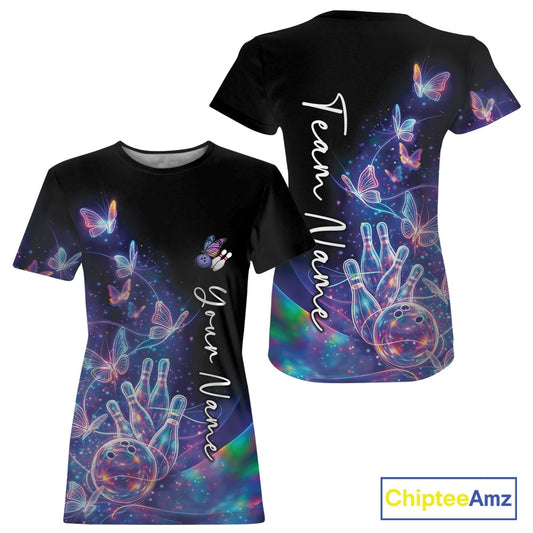 Front and back mockup of a womens black crewneck bowling T-shirt with starry galaxy artwork, glowing neon swirls, and hologram butterflies