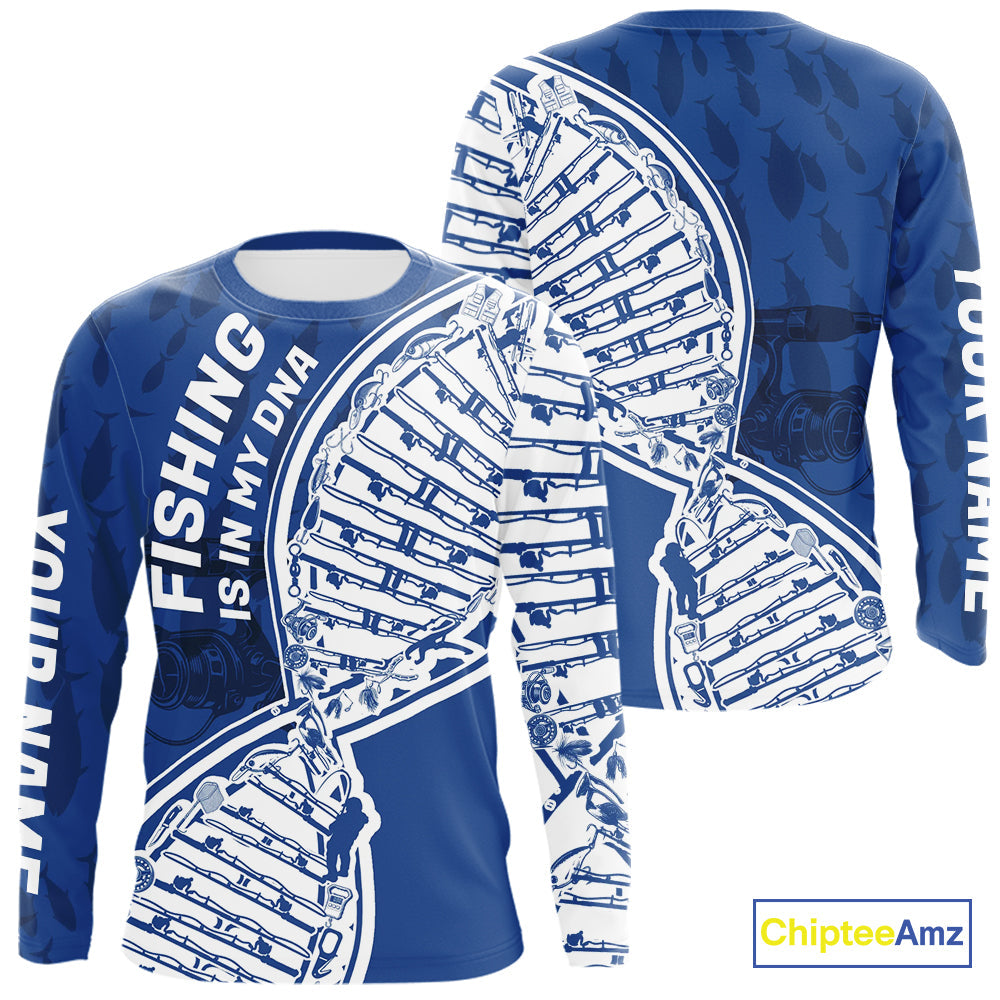 Blue And White Fishing Is In My DNA Custom Long Sleeve Fishing Shirts, Fishing Tools DNA IPHW9172