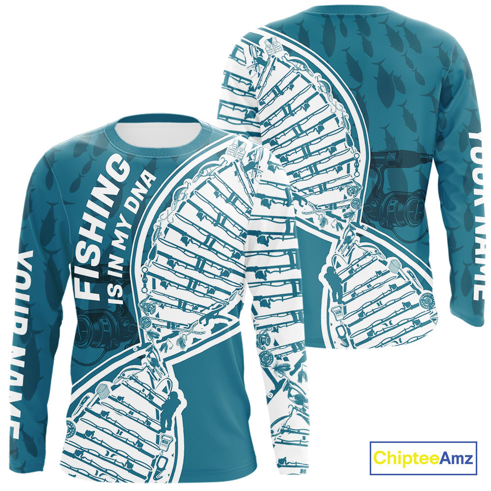 Aqua Blue Fishing Is In My DNA Custom Long Sleeve Fishing Shirts, Fishing Tools DNA IPHW9173