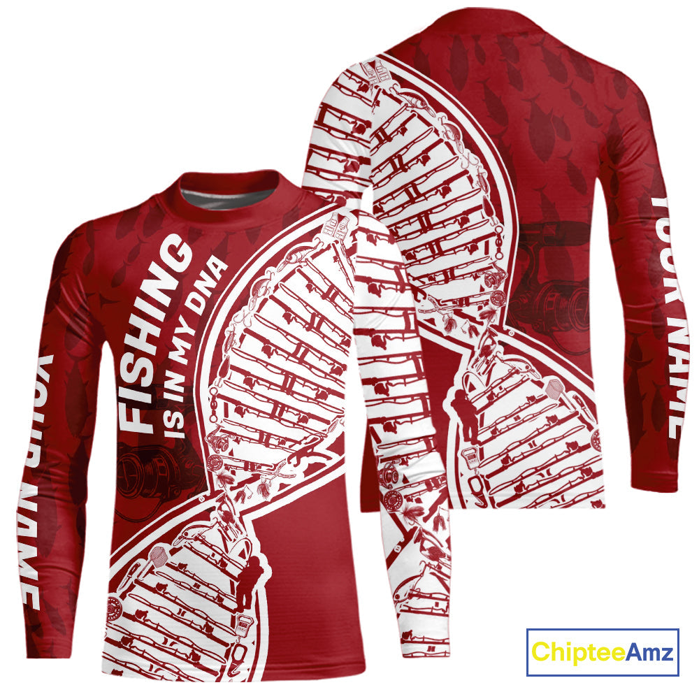 Red And White Fishing Is In My DNA Custom Kid Long Sleeve Fishing Shirts, Fishing Tools DNA IPHW9174