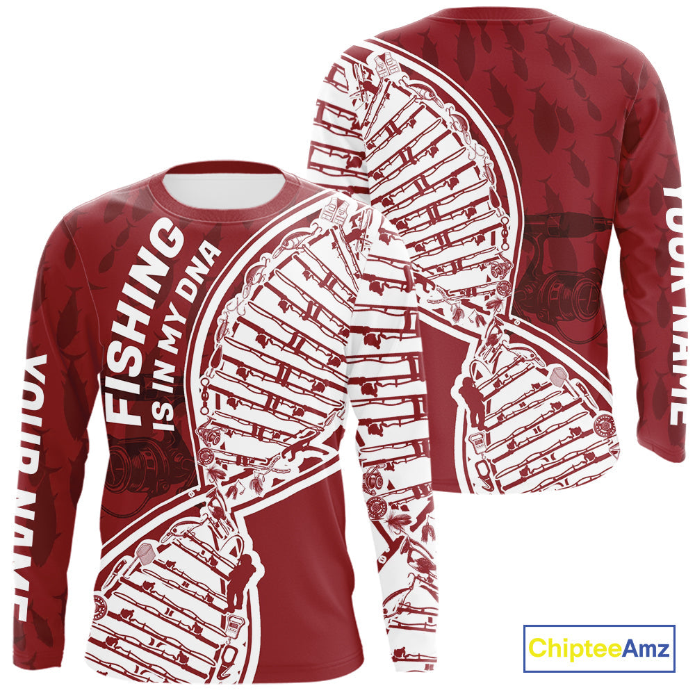 Red And White Fishing Is In My DNA Custom Long Sleeve Fishing Shirts, Fishing Tools DNA IPHW9174