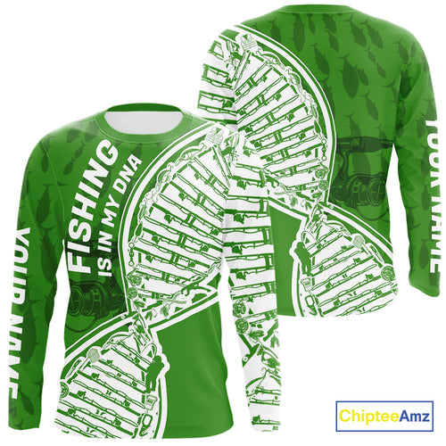 Green And White Fishing Is In My DNA Custom Long Sleeve Fishing Shirts, Fishing Tools DNA IPHW9175