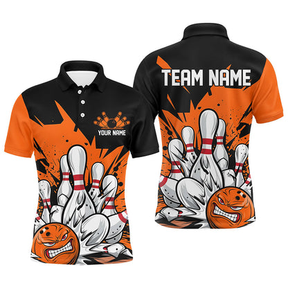 Black And Orange Custom Funny Bowling Shirts For Men, Angry Bowling Ball Bowling Team Uniform IPHW7534