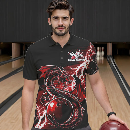 Custom Black And Red Thunder Lightning Dragon Bowling Polo Shirts For Men, Bowlers Outfits IPHW8662