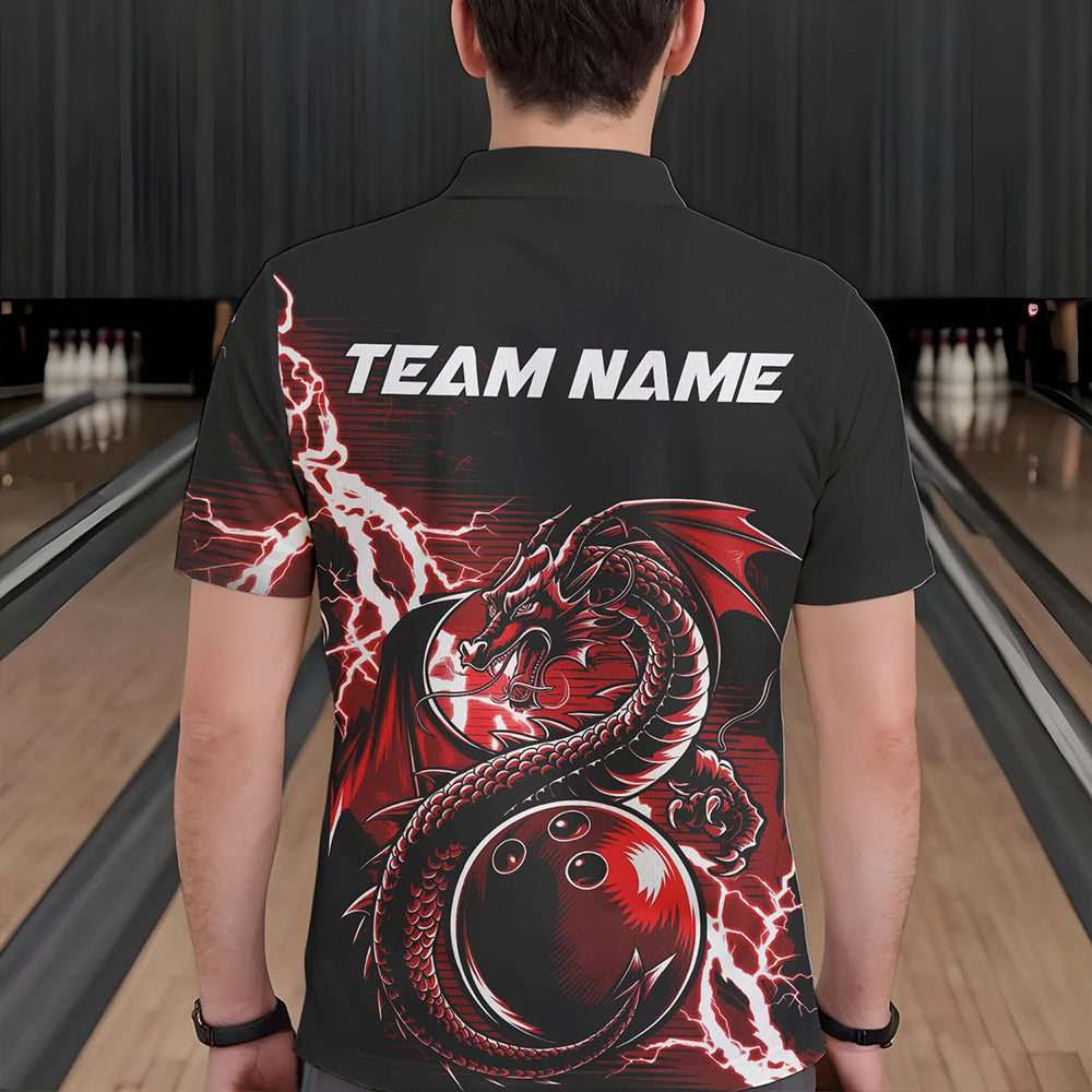 Custom Black And Red Thunder Lightning Dragon Bowling Polo Shirts For Men, Bowlers Outfits IPHW8662