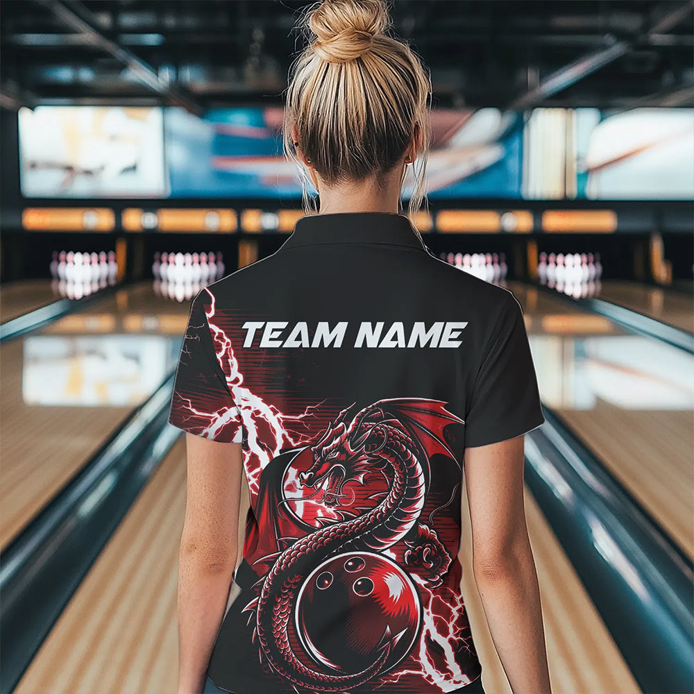 Custom Black And Red Thunder Lightning Dragon Bowling Womens Polo Shirts, Bowlers Outfits IPHW8662