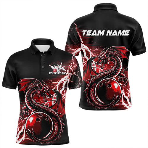 Custom Black And Red Thunder Lightning Dragon Bowling Polo Shirts For Men, Bowlers Outfits IPHW8662