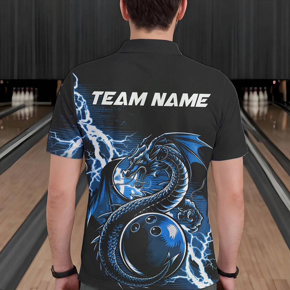 Custom Black And Blue Thunder Lightning Dragon Bowling Polo Shirts For Men, Bowlers Outfits IPHW8663