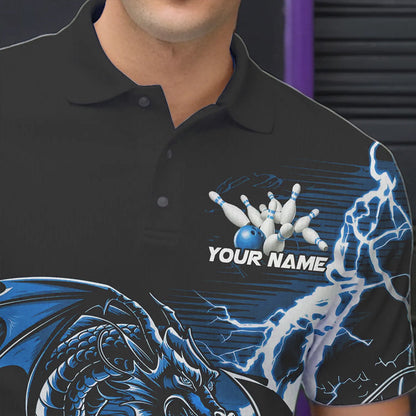 Custom Black And Blue Thunder Lightning Dragon Bowling Polo Shirts For Men, Bowlers Outfits IPHW8663