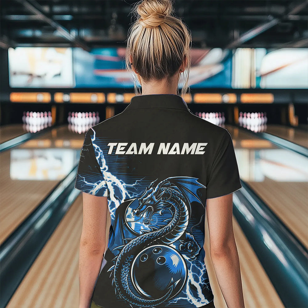 Custom Black And Blue Thunder Lightning Dragon Bowling Womens Polo Shirts, Bowlers Outfits IPHW8663