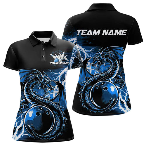 Custom Black And Blue Thunder Lightning Dragon Bowling Womens Polo Shirts, Bowlers Outfits IPHW8663