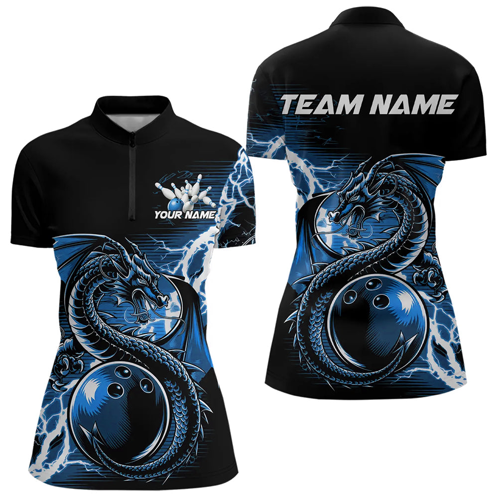Custom Black And Blue Thunder Lightning Dragon Womens Quarter-Zip Shirts, Bowlers Outfits IPHW8663