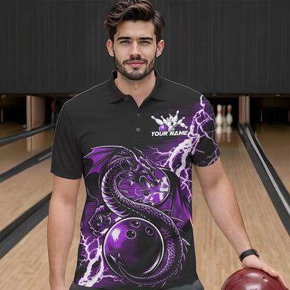 Custom Black And Purple Thunder Lightning Dragon Bowling  Polo Shirts For Men, Bowlers Outfits IPHW8664
