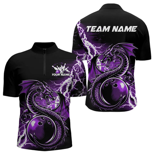 Custom Black And Purple Thunder Lightning Dragon Bowling  Quarter-Zip Shirts For Men, Bowlers Outfit IPHW8664