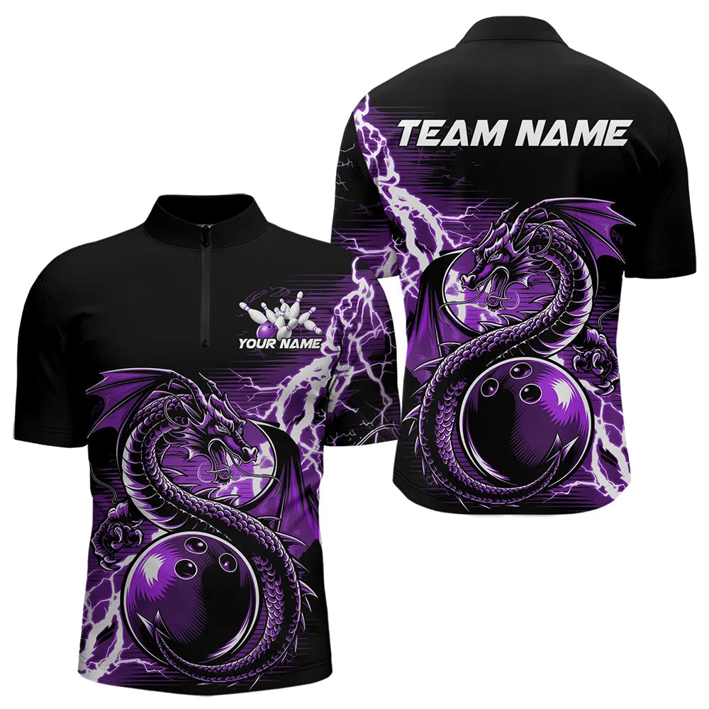 Custom Black And Purple Thunder Lightning Dragon Bowling  Quarter-Zip Shirts For Men, Bowlers Outfit IPHW8664