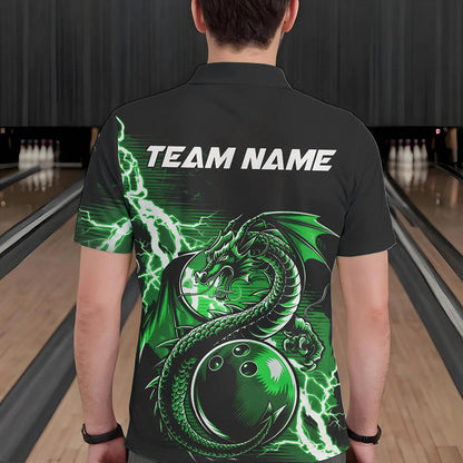 Custom Black And Green Thunder Lightning Dragon Bowling  Polo Shirts For Men, Bowlers Outfits IPHW8665